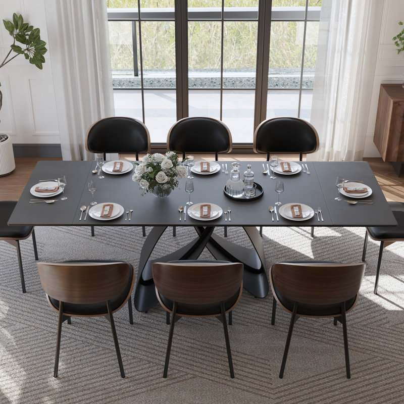63"-94"Modern Extendable Dining Table for 6-10, Matte Black Kitchen Table with Black Carbon Steel Legs