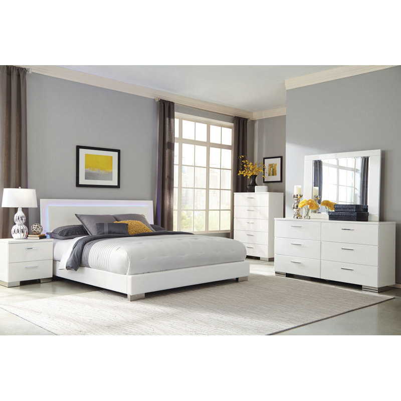 Dixie Glossy LED Lighting Panel Bedroom Set, King, 5 Pcs: Bed, Nightstand, Dresser, Mirror, Chest