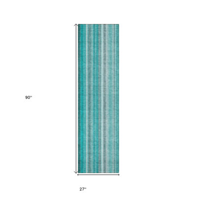 8' Runner Teal and Grey Striped Washable Non Skid Indoor Outdoor Runner Rug
