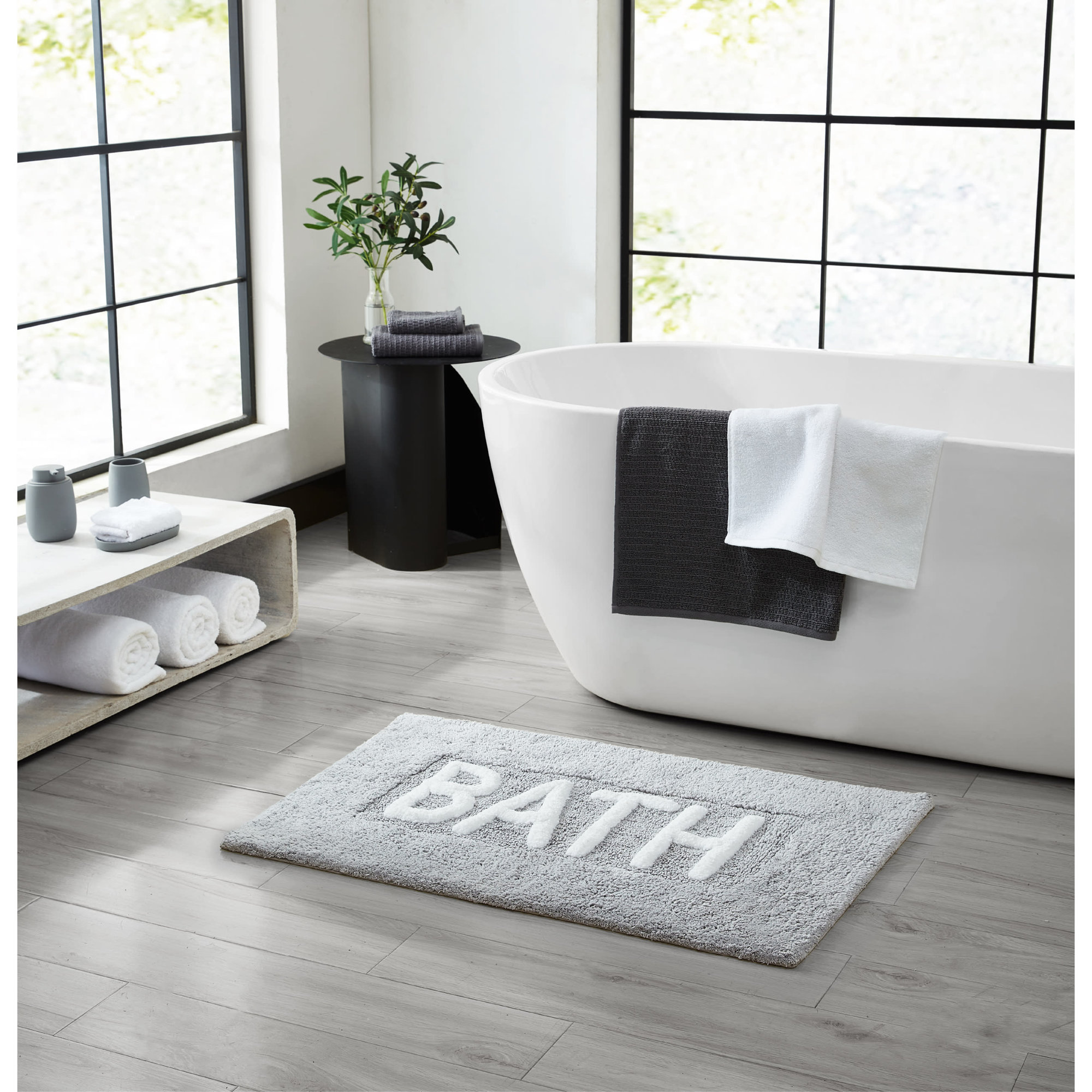 Cotton Blend Non-Slip Bath Rug, Light Gray