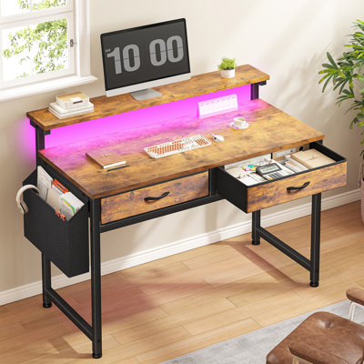Small Computer Desk With 2 Drawers & LED Lights,Home Office Desks With Side Pocket And Monitor Stand