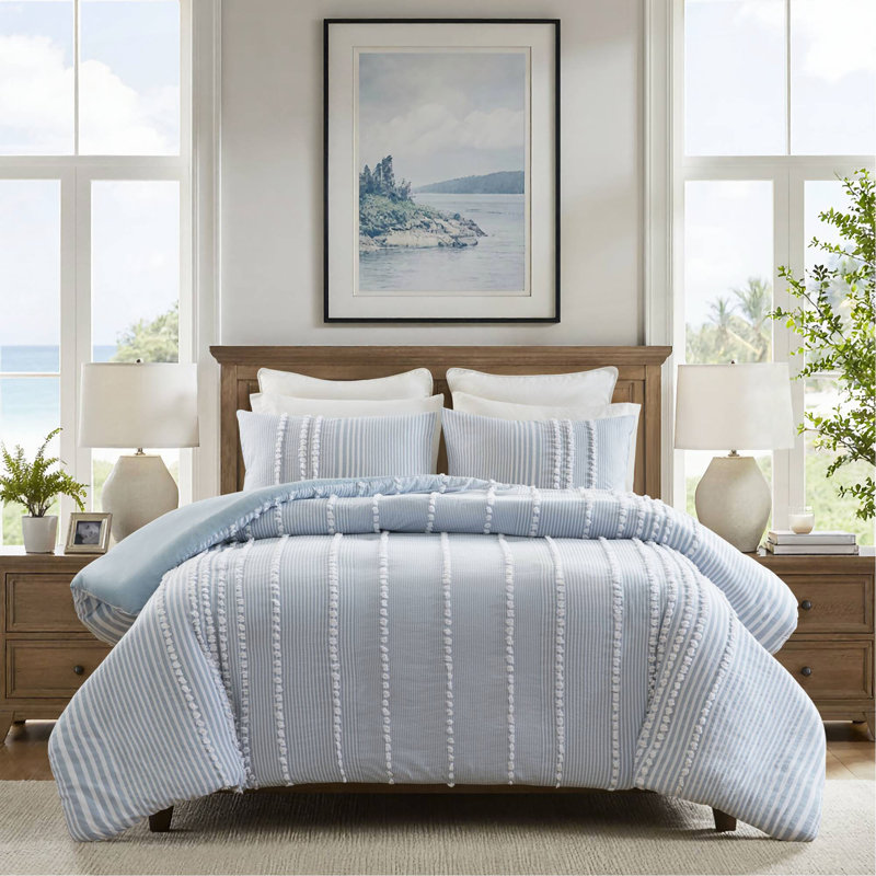 Ensemble de housse de couette 3 pièces en fil de coton teint, Housse de couette très grand et 2 taies, Blue