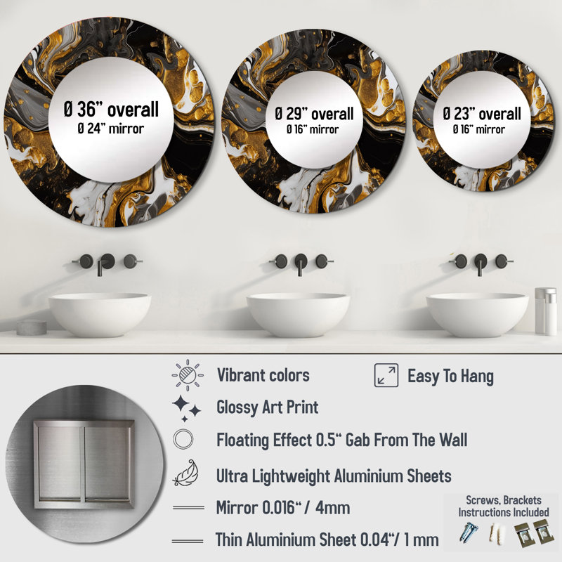 Pevehouse Gold Black Marbled Dreamscape II - Geometric Decorative Wall Mirror, Modern Large Round Mirror, Printed Metal Art