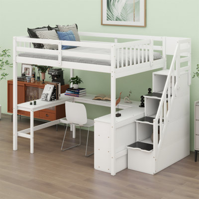 Loft Bed With Built-In L-Shaped Desk And Three-Tier Storage Shelves,And Attached Storage Staircase by Harriet Bee