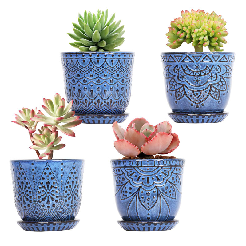 Ensemble de 4 petits pots à fleurs en céramique 4 po, Bleu