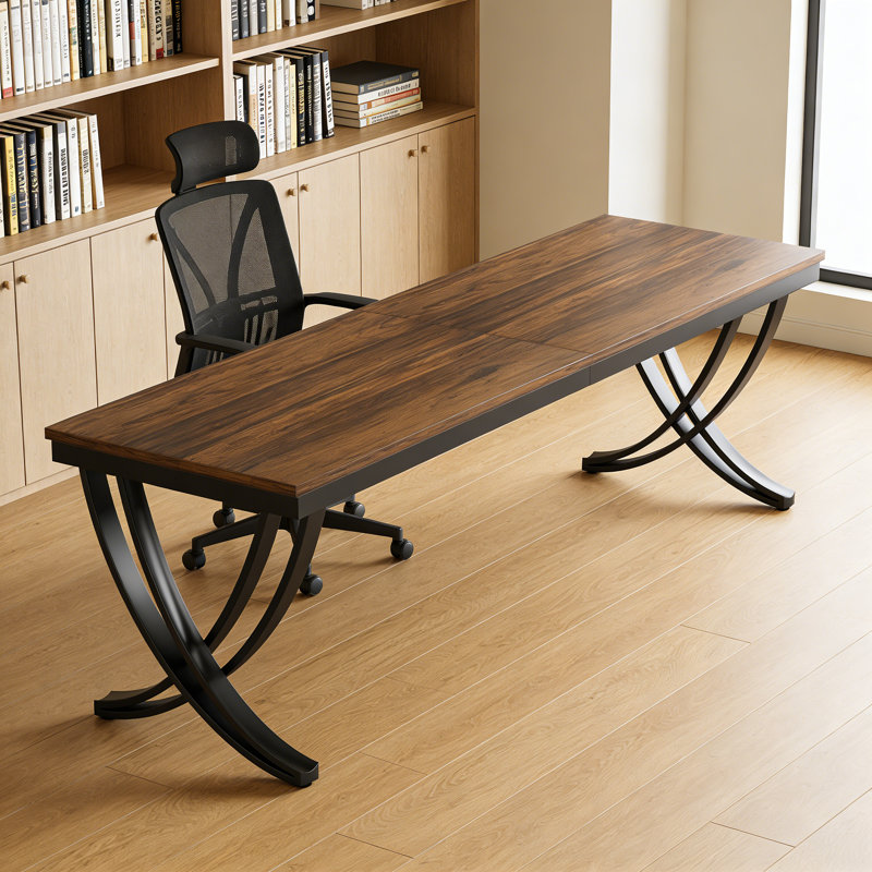 Nordic-Style Dark Wood Office Desk With Black Curved Metal Legs Suitable For Modern Home Studies & Work Areas