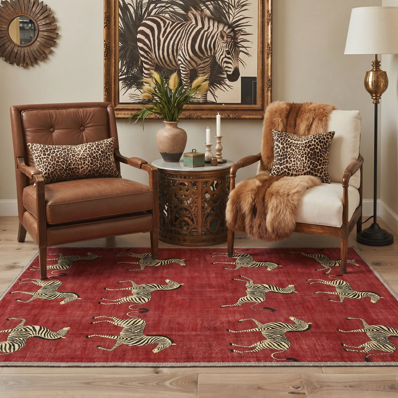 Aldovin Savanna Animal Print Machine Washable Red Indoor Area Rug with Non-Slip Backing, Rectangle 5' x 7'