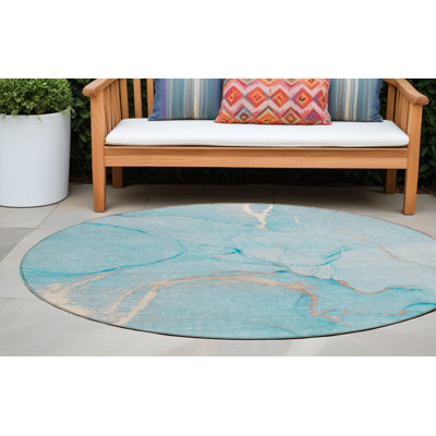 Tapis d'extérieur rond lavable abstrait bleu sarcelle 8 pi x 8 pi