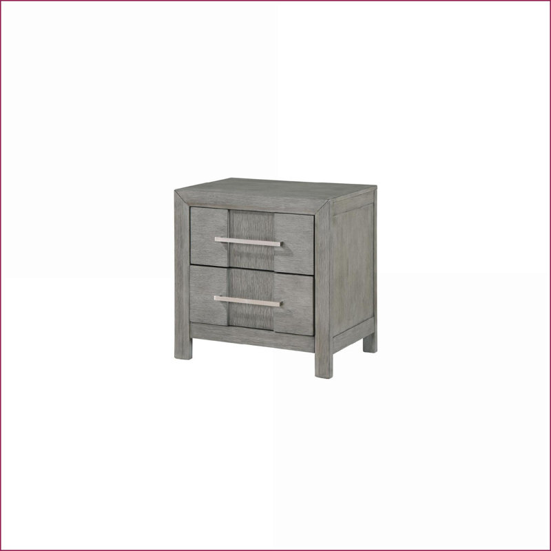Modern 2-Drawer Gray Wood Nightstand with Silver Handles, Gray