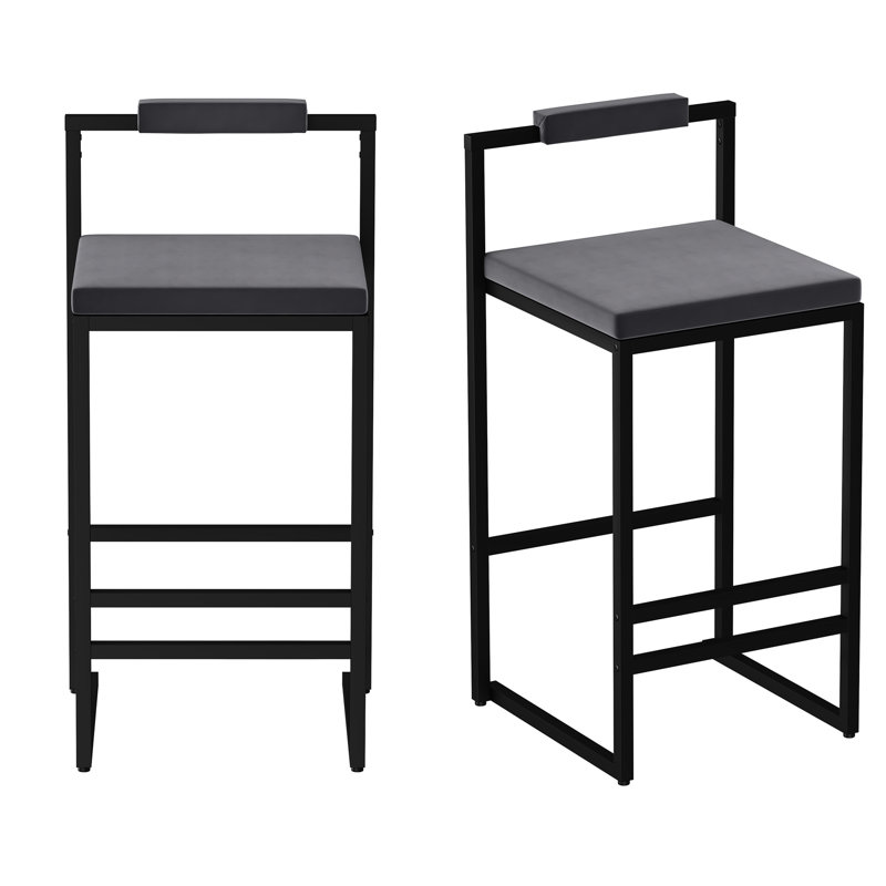 Luxueux tabourets de bar en velours gris, siège carré, dossier bas, 2 tabourets de haute qualité en noir, design ergonomique, repose-pieds, espaces multiples