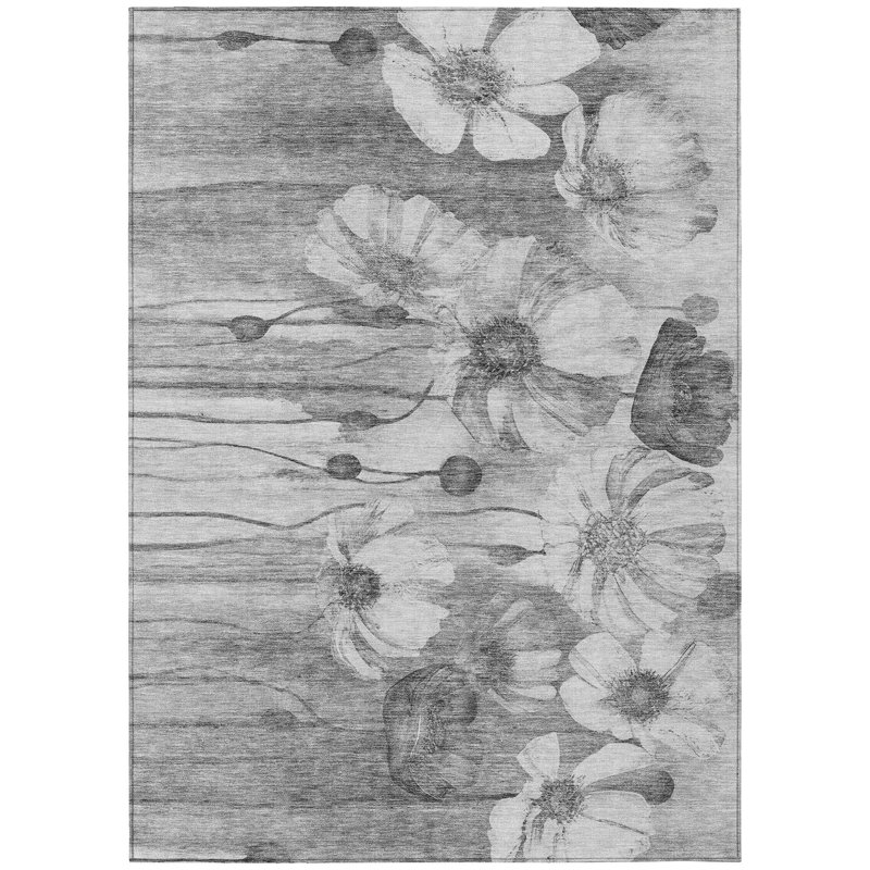 Tapis extérieur lavable floral gris anthracite et argent 9 pi x 12 pi