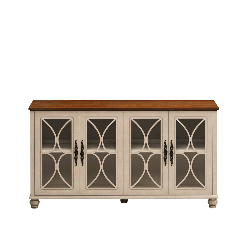 Armoire beige à 4 portes de style européen. Décoration de salon. Portes en verre trempé et bois, rangement de décoration classique pour chambre à coucher. Verre, placage de bois, style fonctionnel