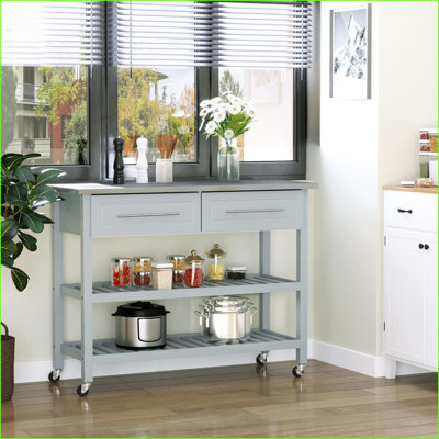 Kitchen Islands: Traditional Farmhouse Rolling Island with Stainless Steel Top, Drawers &amp; Shelves | Light Grey | White Pine Wood