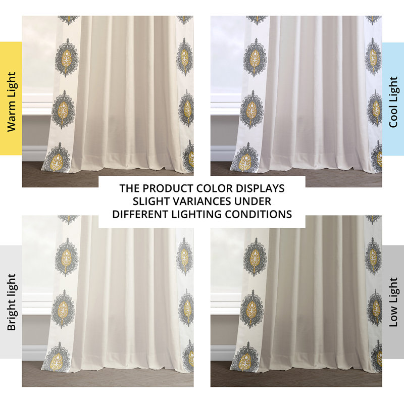 Gilded Medallion Solid Cotton Light Filtering Bordered  Curtains - Single Panel, 50" W x 108" L