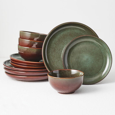 Reactive Glaze Stoneware Dinnerware Set - 4 Person/12Pcs Handmade Plates & Bowls, Chip & Crack Resistant, Olive Brown Green