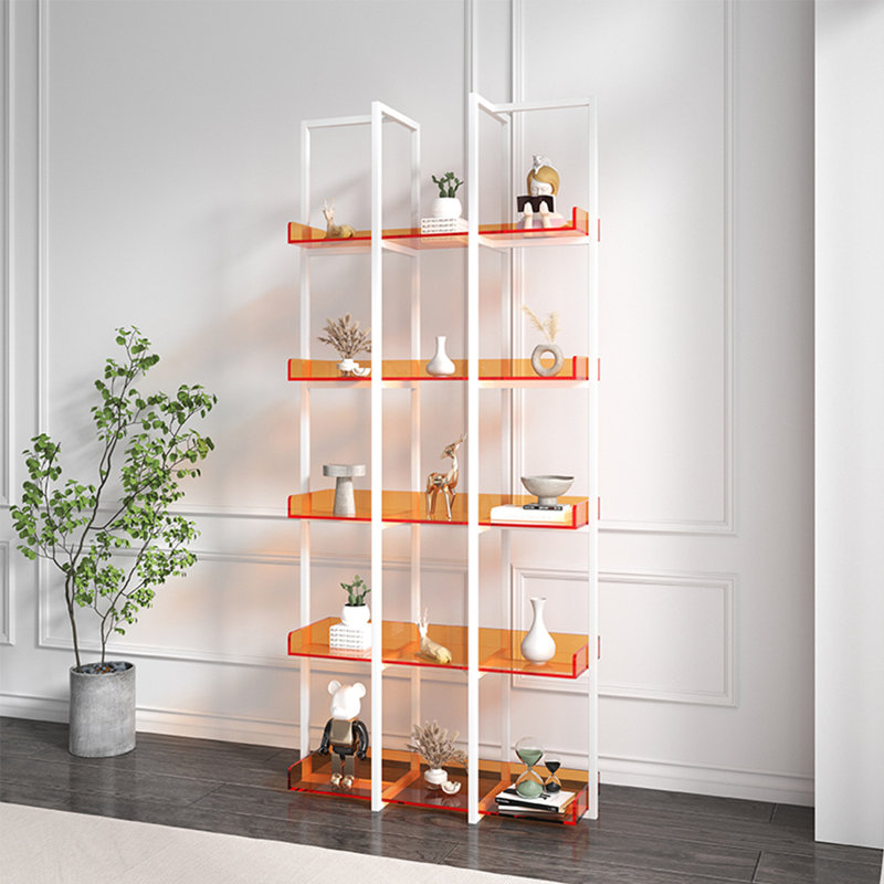 Iron Frame Acrylic Bookshelf - Sturdy Display Unit, White/Orange