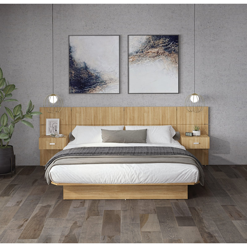 Katsuki Bedroom Platform Bed with Headboard and Nightstands (2) – Easy Assembly, No Box Spring Required, Beige, Full