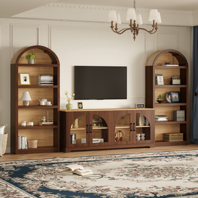 Meuble audio-vidéo pour téléviseur de 70 po ou moins, ensemble mural multimédia 3 pièces, bois, design arqué, finition bicolore, maison de campagne moderne, salon
