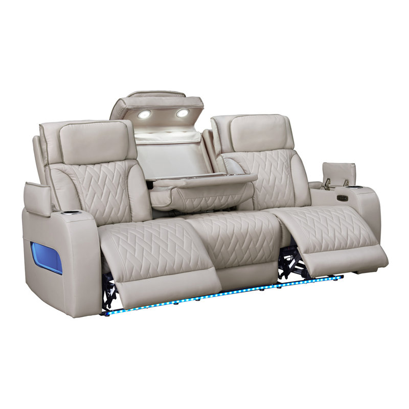 Canapé inclinable électrique Aaz en cuir blanc l 84 po avec repose-tête électrique, lumières DEL, table de chargement sans fil, ports USB et USB-C, rangement et porte-gobelets