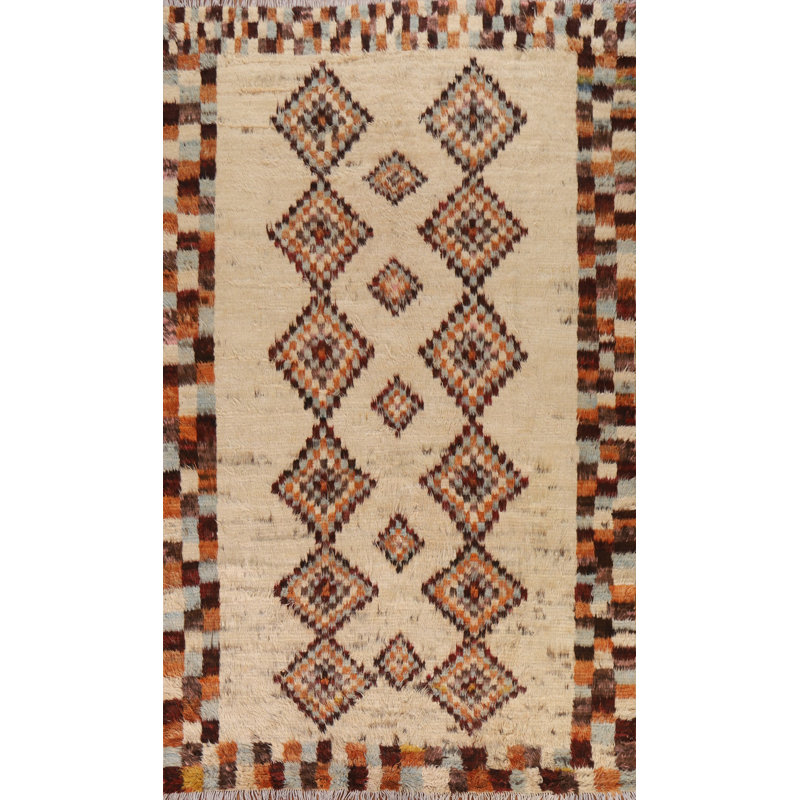 Tapis ivoire en laine fabriqué à la main tribal marocain 7 x 10