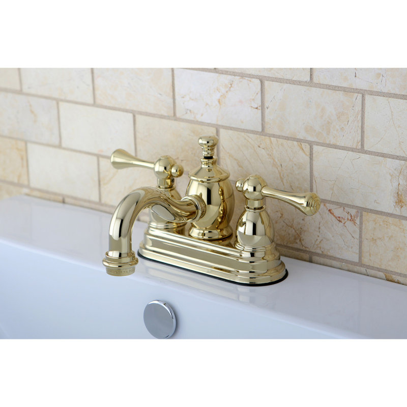 Kingston Brass Vintage Two-Handle 3-Hole Deck Mount 4" Centerset Bathroom Faucet with Brass Pop-Up, Polished Brass