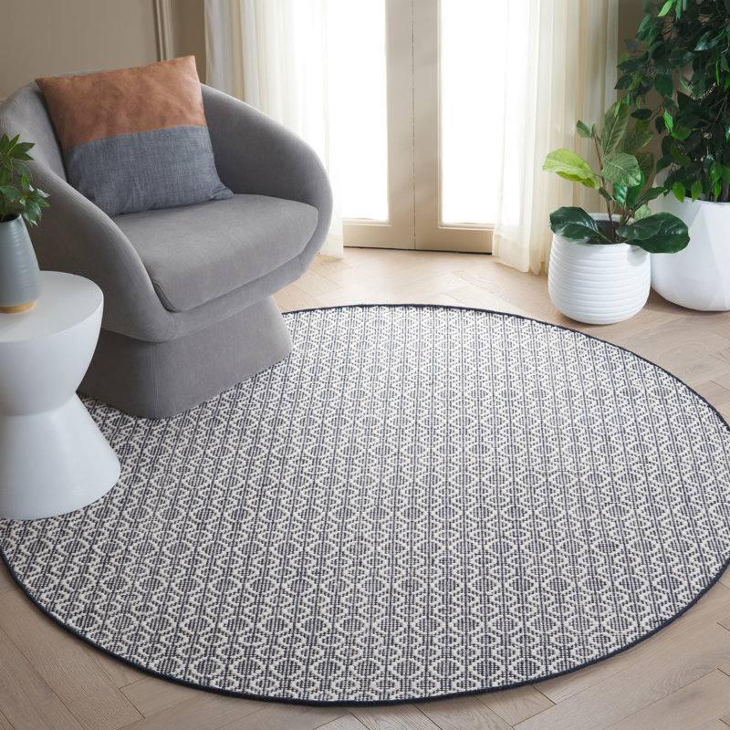 Palbo Flat Weave Wool/Cotton Geometric Rug in Ivory/Navy, Round 6'
