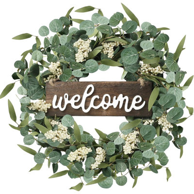 Eucalyptus Wreath With Welcome Sign - Green -Artificial Wreath With Berries For Front Door, Wall, Window, Porch, Patio, Or Garden Decor