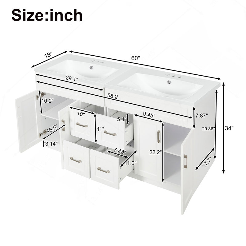 Meuble-lavabo de 60 po avec 4 portes d'armoire, 4 tiroirs, 2 tablettes réglables, deux lavabos en résine, des tiroirs cachés à fermeture en douceur et des charnières à fermeture en douceur