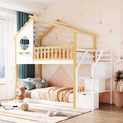 Stairway Twin-Over-Twin Bunk Bed,House Bed,Storage and Guard Rail,Natural Bed +White Stair
