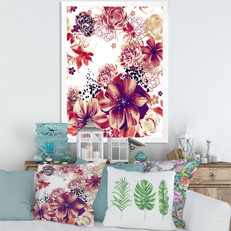 Fleurs roses et jaunes rétro - impression sur toile, H 20 po x l 12 po x P 1,5 po, Toile blanche encadrée
