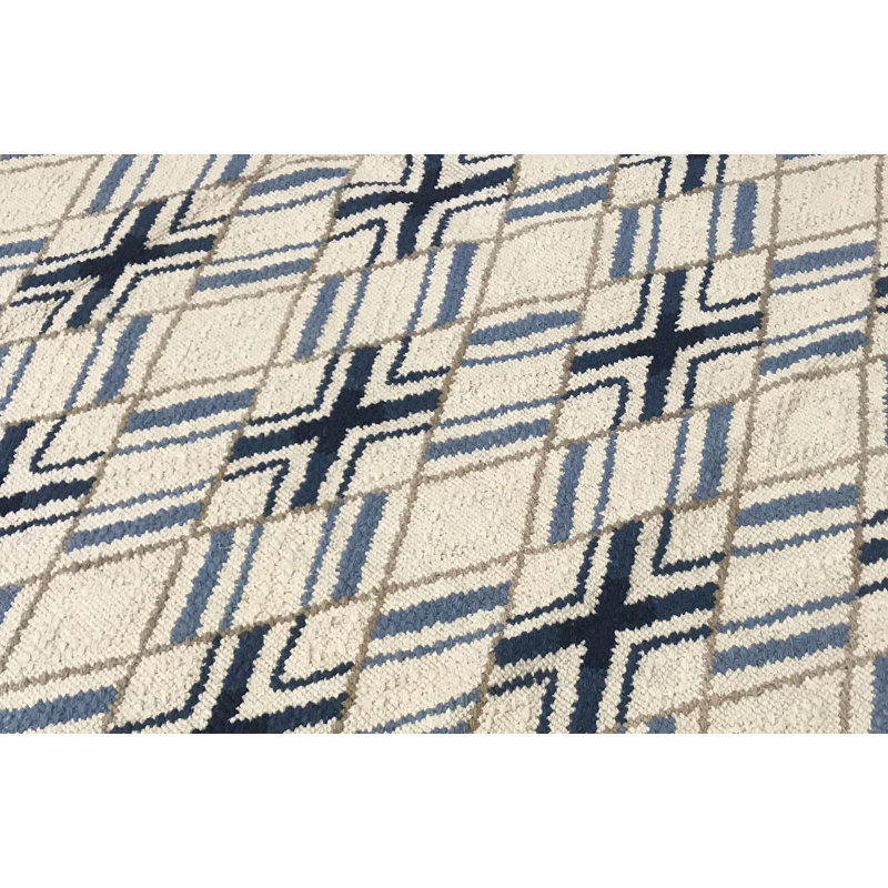 Tapis ivoire et bleu noué à la main de haute qualité