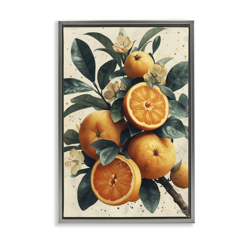 Toile flottante encadrée brune éclatante avec branche d'agrumes par RB, Cadre flottant gris lustré, H 31 po x l 21 po