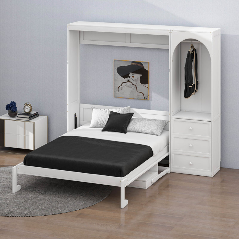Grand lit escamotable avec tablette Stoarge et 3 tiroirs, lit escamotable multifonctionnel avec bureau et lumière DEL, Blanc