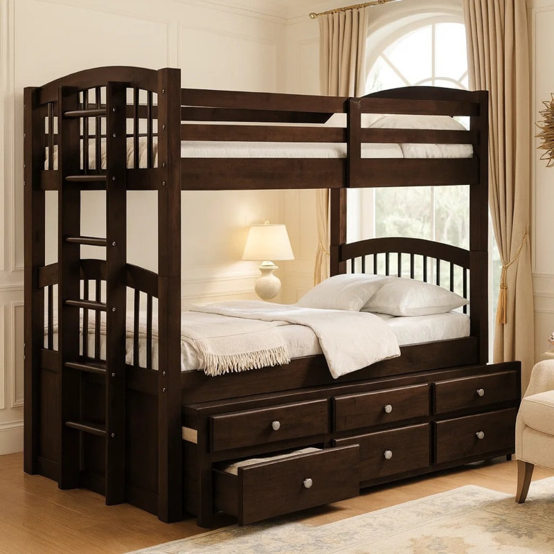 Stoughton Kids Twin Bunk Bed with Trundle with Drawers, Brown