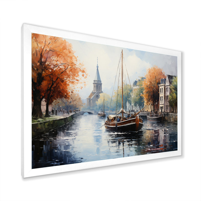 Orange Canal Waterway Pointillism I - reproduction, Cadre photo blanc, H 12 po x l 20 po x P 1 po