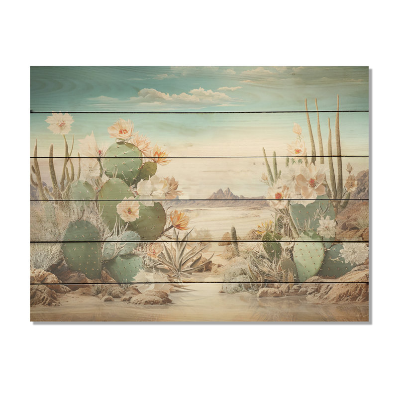 Collage de cactus sur la plage - Art mural en bois de cactus sur bois de pin naturel, H 10 po x l 20 po