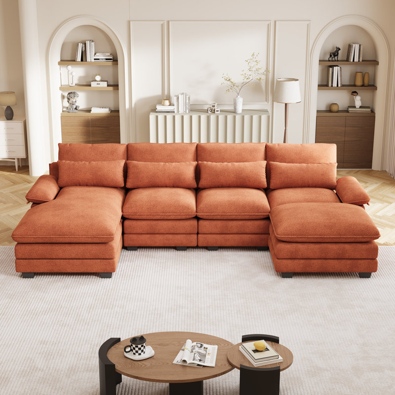  Canapé modulaire surdimensionné en U de 113 po de large avec accoudoirs larges, Chenille rouille et orange