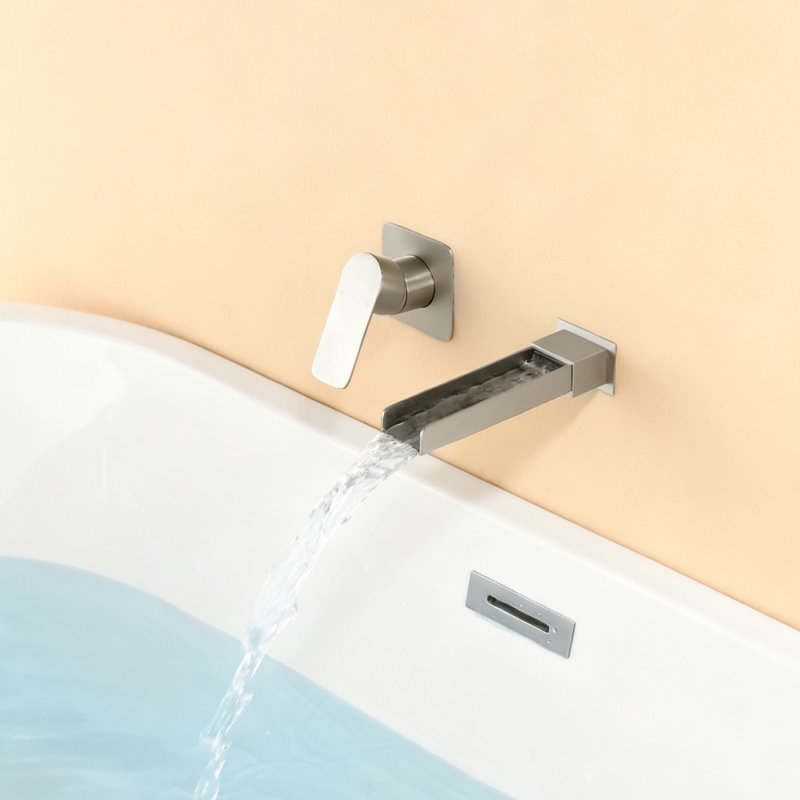 Wall Mounted Tub Faucet with Single Handle, Bathroom Waterfall Tub Filler, Brushed Nickel