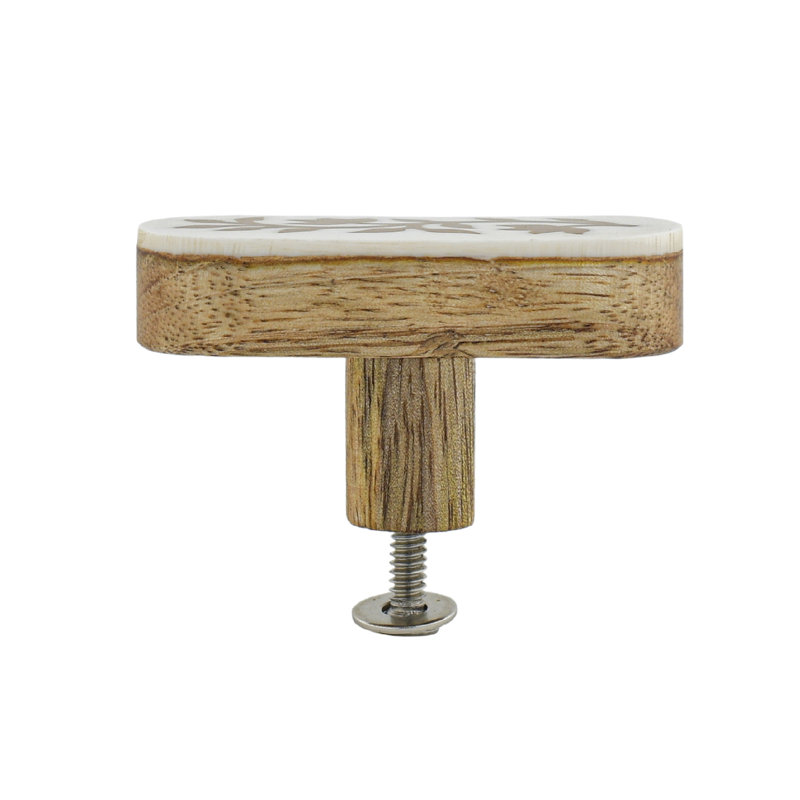 Brown Floral Resin Inlay Cabinet Knob on Wood - Set of 6