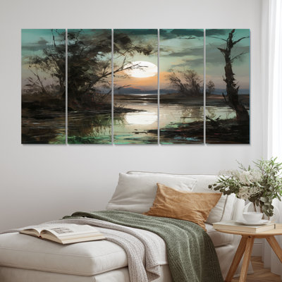 Mystérieux brumeux coucher de soleil sur le lac bleu sarcelle V - reproduction d'art mural Lakehouse - 5 panneaux égaux