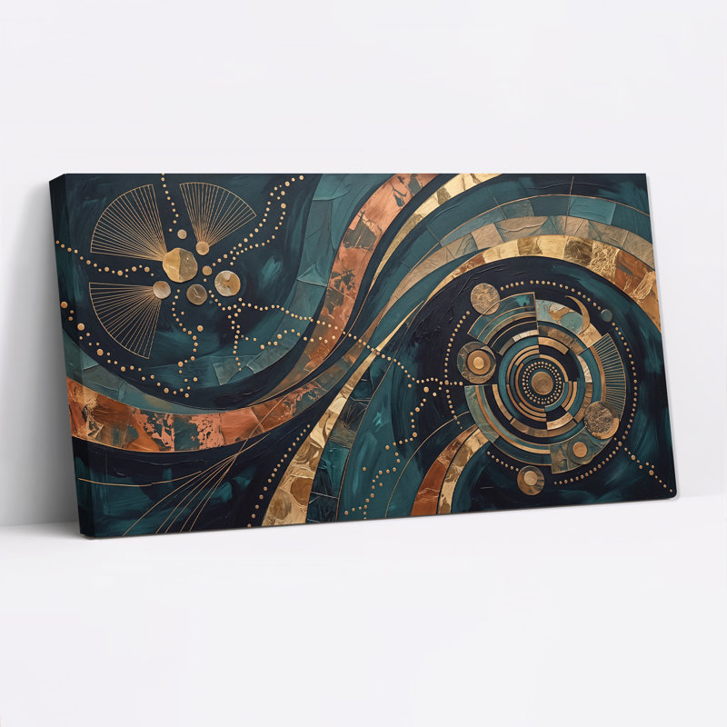 Art mural moderne sur toile à pois géométriques abstraits, bleu sarcelle et bronze, L 32 po x H 16 po