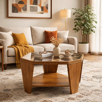 Table basse hexagonale avec plateau en verre et treillis géométrique en bois - Table d'appoint rustique moderne à 3 pieds