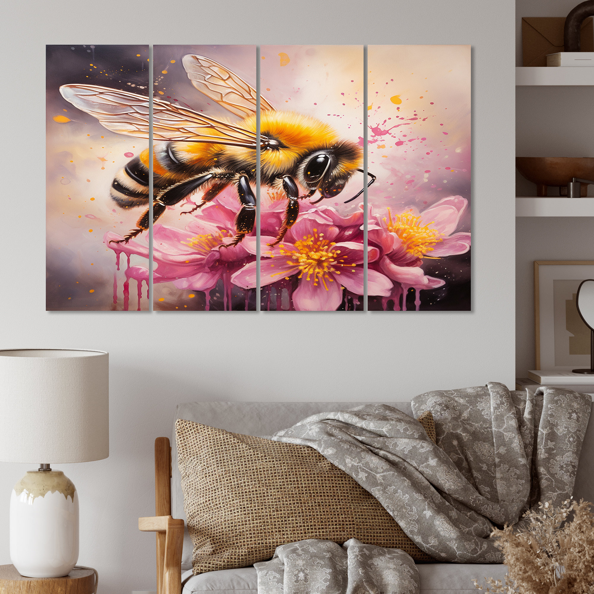 DesignArt Bumble Bee On Pink Flower Painting On Canvas 4 Pieces