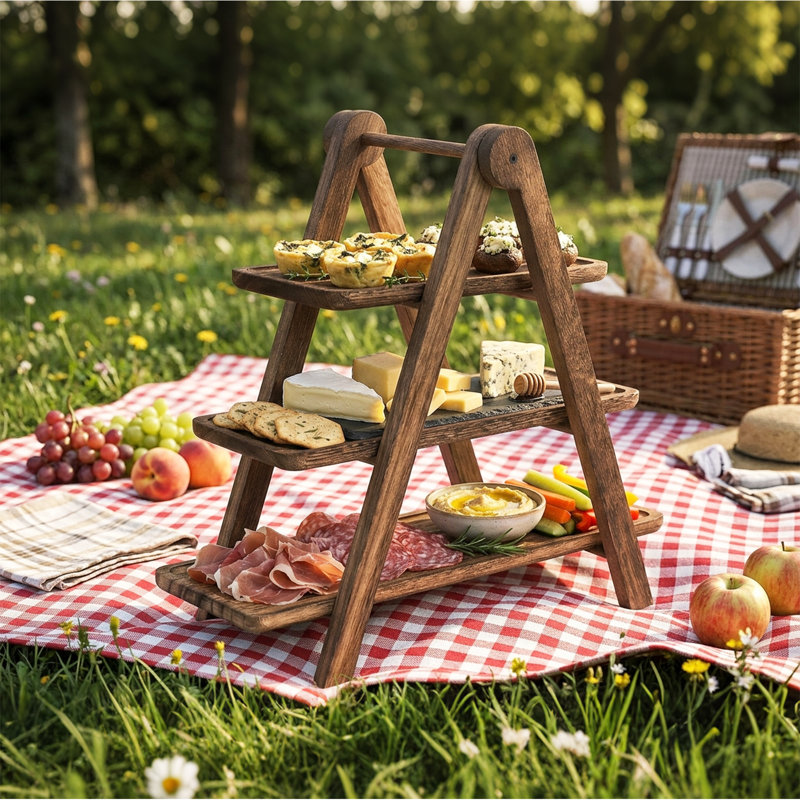 3-Tier Collapsible Wood Tray Stand, Paulownia Finish Multi-Level Display Rack with Detachable Trays for Kitchen Counter & Table