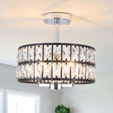 3-Light Crystal Ceiling Light Fixture Semi Flush Mount Chandelier with Drum Shade