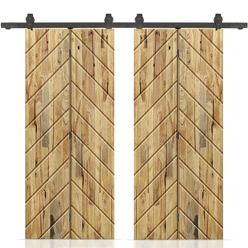 Stained Pine Wood Bi-Fold Double Barn Door with Sliding Hardware Kit, 60" x 80", Weather Oak
