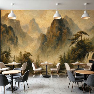 Papier peint adhésif pelez et collez majestueux paysage de montagne cascades de pins peinture à l'huile de style art mural auto-adhésif et amovible