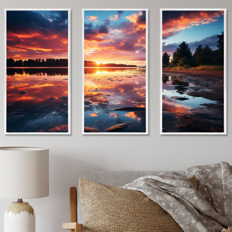Horizon, coucher de soleil au bord du lac I - lac, art mural, H 28 po x l 36 po x P 1 po, Cadre flottant blanc
