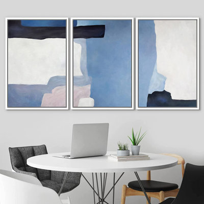 Mid Century Shape IDEA4WALL Framed Wall Art Print Set Blue Watercolor Blot Set Abstract Shapes Illustrations Modern Art Minimalist Colorful Pastel For