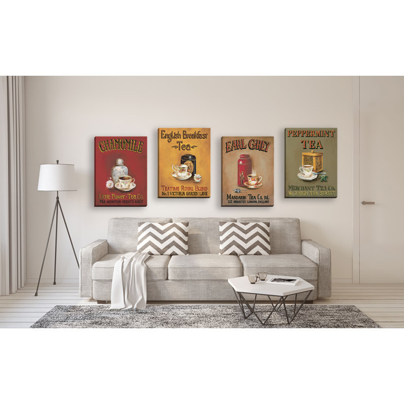 «Tea Time! Enseignes de thé rétro; «Earl Grey, English Breakfast, Camomile and Peppermint» par Gregory Gorham, ensemble de 4 publicités sur toile